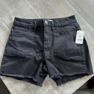 Black high rise denim shorts, frayed edge